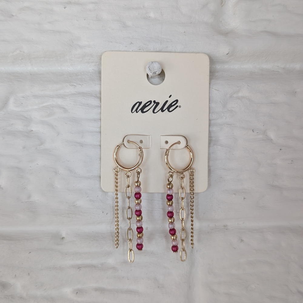 NEW Aerie Gold Huggie Earrings with Pink Beads